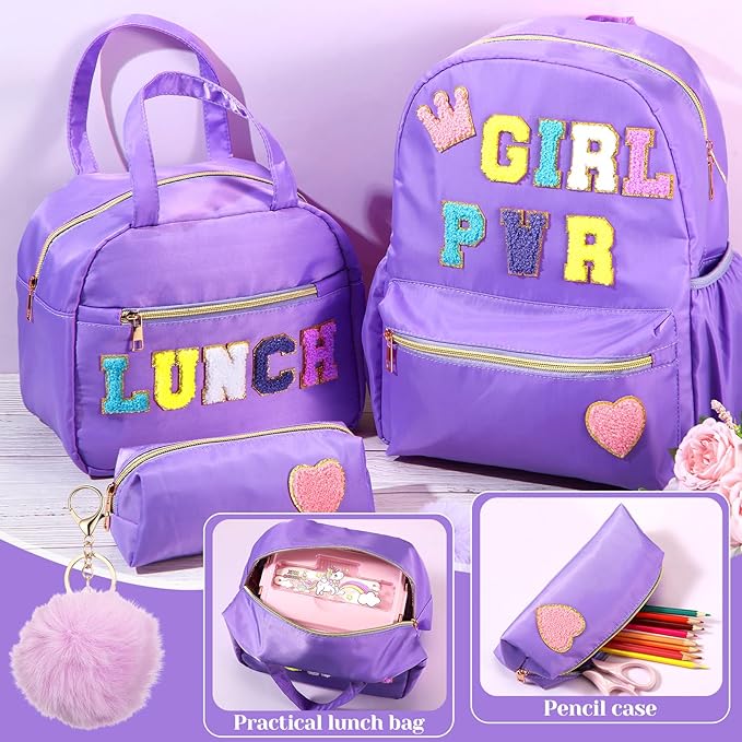 4 Pcs Christmas Child Items Bulk Backpack for Girls Purple Chenille Patch Backpack for School Students Knapsack with Lunch Box Pencil Case Poms Keychains Operation Christmas Items Bulk