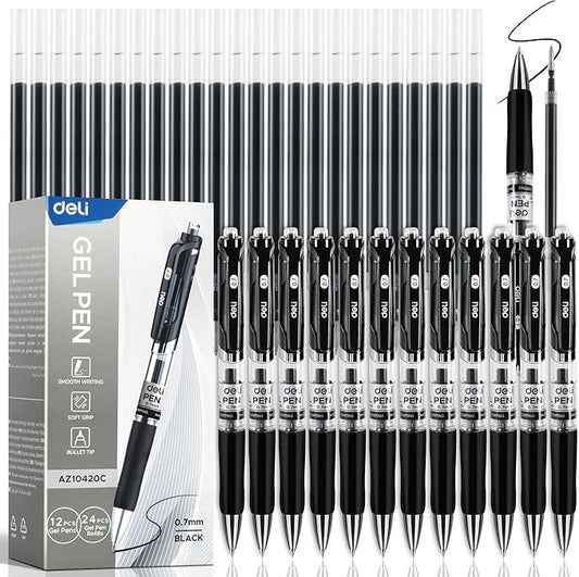 deli Gel Pens, 36 Pcs Retractable Black Ink, 12 Pens with 24 Refills，Medium Point Pen 0.7mm, Smooth Writing, Fast Dry, No Bleed for Journaling Note Taking, Home School Office Supplies
