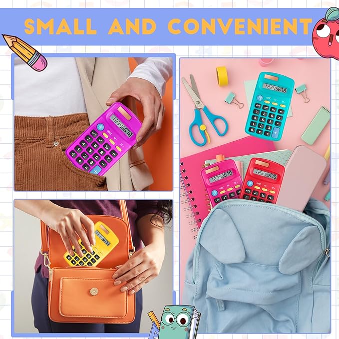 12 Packs Pocket Size Mini Calculator Basic Calculators for Handheld Angled Students 8 Digit Display Solar Battery Dual Power Small Calculator for Students Kids Home Office (6Colors)