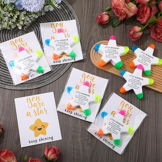 12 Sets Back to School Gifts for Students Star Highlighters with You're a Star Cards Gift Bags 5 in 1 Fluorescent Pens Affirmation Gifts for First Day of School Party Favor (Reminder)