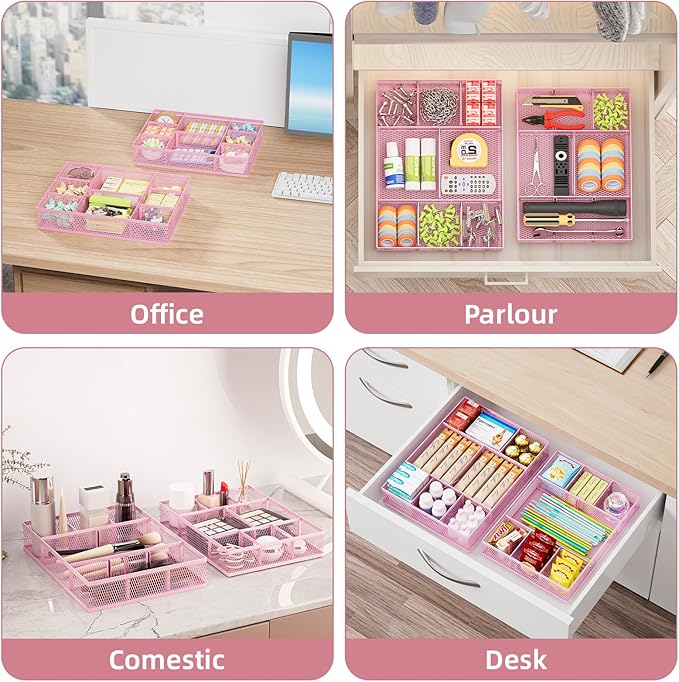 Marbrasse 2 Pack Desk Drawer Organizer, Mesh Drawer Organizer Tray with 8 Adjustable Compartments, Desk Organizers and Accessories, 5 Dividers Drawer for Office Supplies, Makeup & Vanity (Pink)