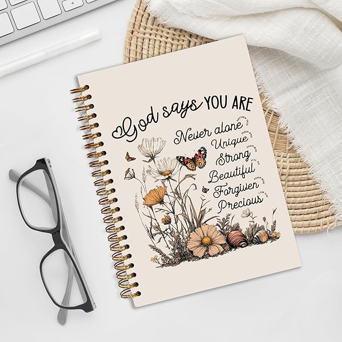 Bible Notebook, A5 Spiral Christian Journal with Floral Notebook, Bible Verse-God Says You Are, Inspirational Notebooks for Women, Bible Study, Gift for Birthday Christmas