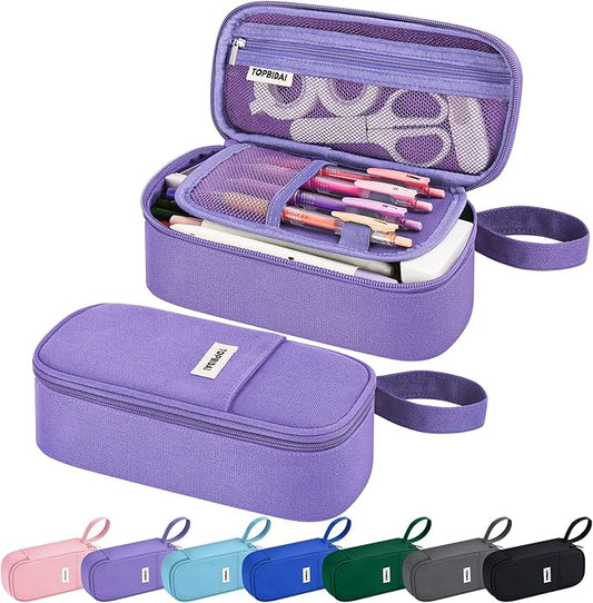 Large Pencil Case Pouch for Girls Boy Kids Children, Big Capacity Canvas Pencil Bag, Office College School Multi Compartment Zipper Stationery Pen Bag (Purple)