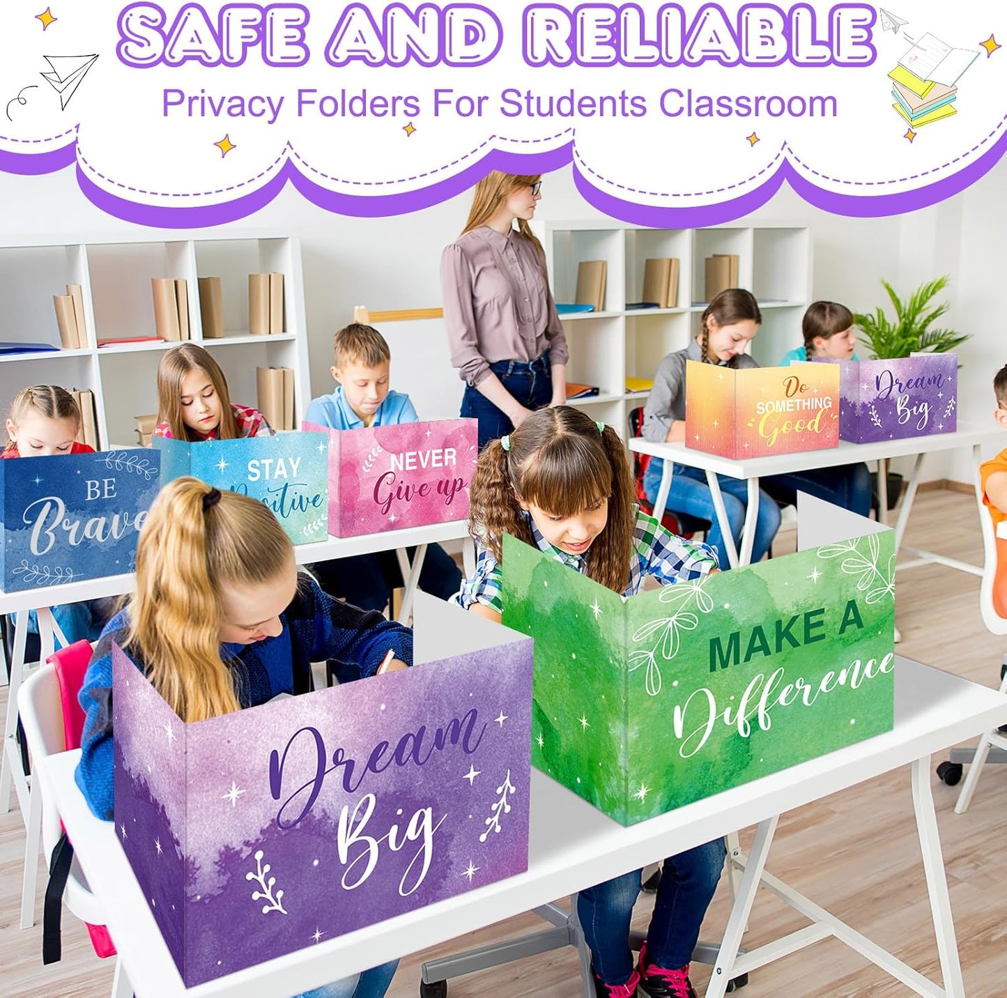 Honoson 24 Pcs Bulk Inspirational Privacy Folders for Students Cardboard Test Privacy Boards Motivational Words Desk Dividers Shield for Classroom School Study Supplies, 6 Styles(Watercolor)