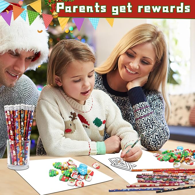 JULMELON 72PCS Christmas Party Favors Set, 36PCS Christmas Pencils with 36PCS Snowman Snowflake Santa Erasers, Pencils for Kids School Classroom Winter Holiday Party Reward Supplies