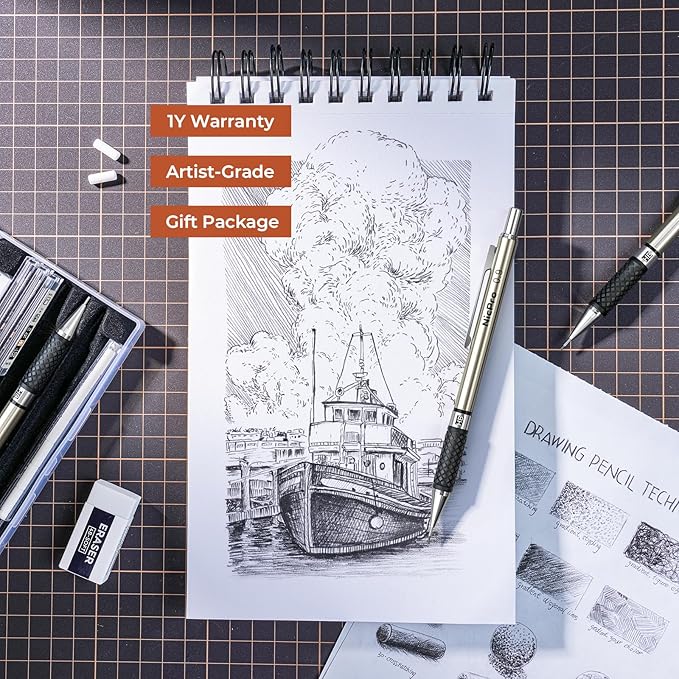 Nicpro RG1000 0.9 mm Art Mechanical Pencil Set in Storage Case, 3 PCS Metal Drafting Pencil Lead Pencil with 6 Tube HB Refills, 3 Erasers, 9 PCS Eraser Refills for Artist Writing, Drawing, Sketching