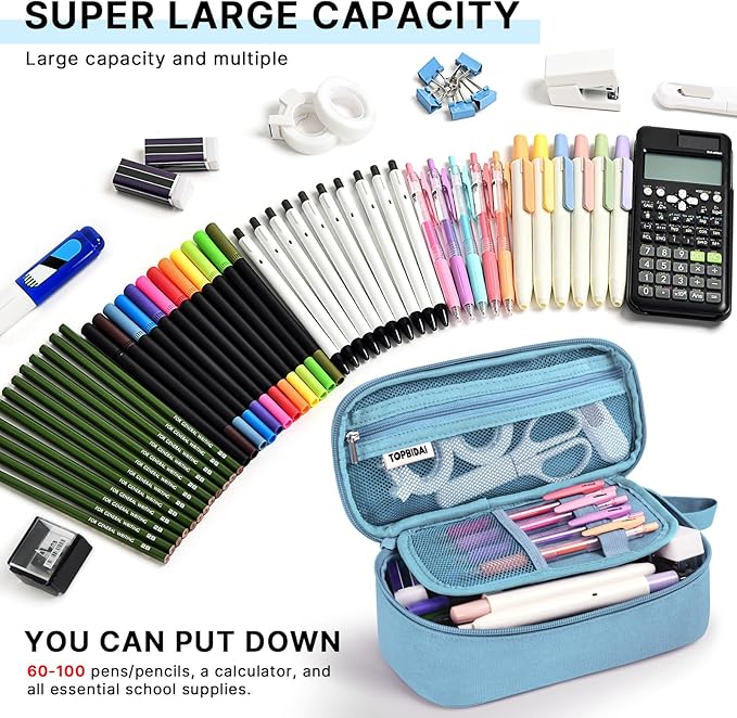 Large Pencil Case Pouch for Girls Boy Kids Children, Big Capacity Canvas Pencil Bag, Office College School Multi Compartment Zipper Stationery Pen Bag (Light Blue)