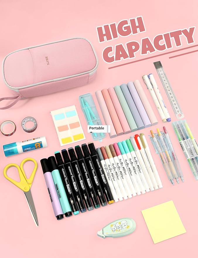 SUNEE Large Pencil Case, Cute Pen Pouch, Aesthetic Zipper Stationery Bag Large Capacity Kawaii Pen Organizer, Pink, Bag Organiser