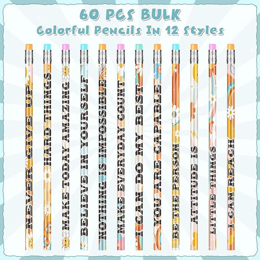 60 Pcs Retro Motivational Pencils Bulk, Inspirational School Pencils for Classroom, Cute Wood Pencils with Encourage Positive Saying, Back to School Supplies for Kids Student Teacher Classroom Reward