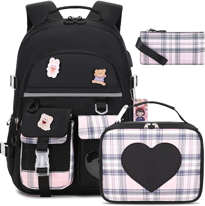 Backpack for Girls - Bookbag Backpacks Schoolbag for Girls Kids Teen Women Casual Travel Daypacks - School Bag Elementary Middle School College Cute Backpack with Lunch Box (Black)