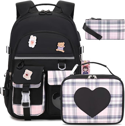 Backpack for Girls - Bookbag Backpacks Schoolbag for Girls Kids Teen Women Casual Travel Daypacks - School Bag Elementary Middle School College Cute Backpack with Lunch Box (Black)