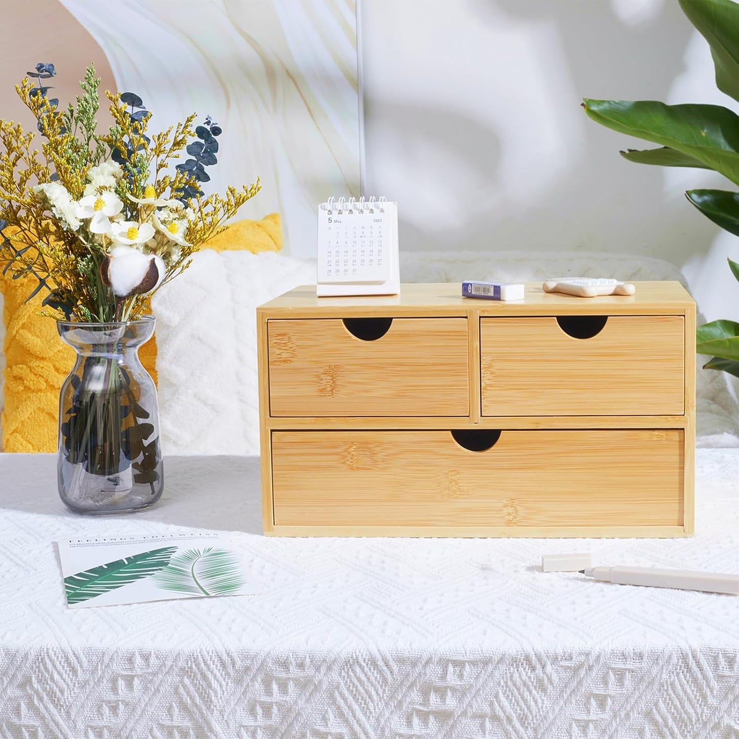 Bamboo Desk Organizer with 3 Drawers, Countertop Organizer with Drawers Makeup Storage Drawer 3 Drawers Tabletop Storage Organization Box Home Office Workspace