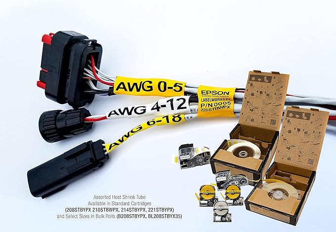 Epson LABELWORKS 214STBWPX Genuine Tape Cartridge - Black on White Shrink Tube Industrial Label Maker Tape - AWG 0-5, 9/16" (14MM) Wide, 8 ft (96")