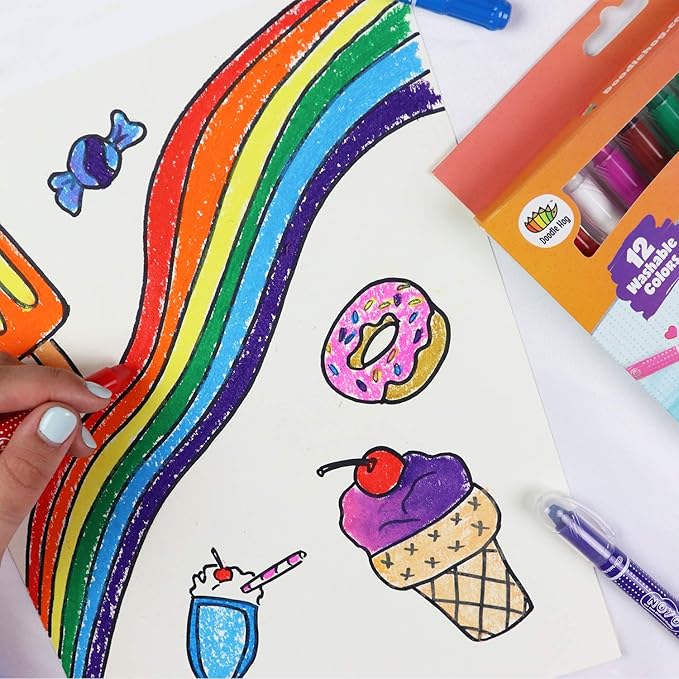 DOODLE HOG Washable Crayons 12 Colors, Kids and Toddler Crayons, Watercolor, Non Toxic, 3 in 1, for Kids Ages 4-8