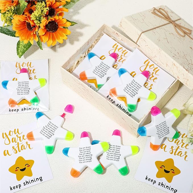 12 Sets Back to School Gifts for Students Star Highlighters with You're a Star Cards Gift Bags 5 in 1 Fluorescent Pens Affirmation Gifts for First Day of School Party Favor (Brave)