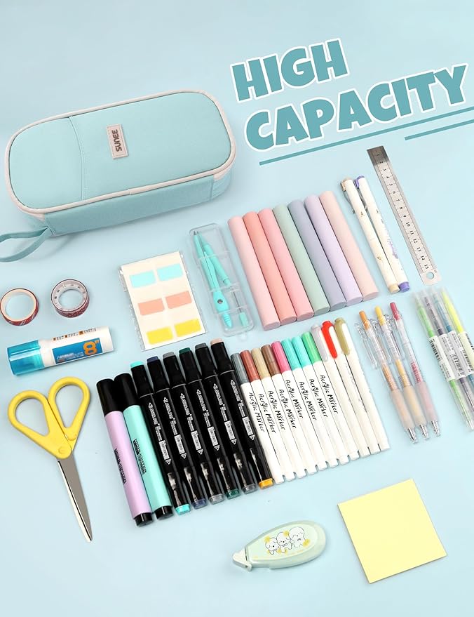 SUNEE Cute Pencil Case, Aesthetic Pen Pouch, Colored Large Pencil Bag with Zipper, Kawaii Stationery Storage and Organizer, School Supplies for Teen and Adult Girls, Mint Green