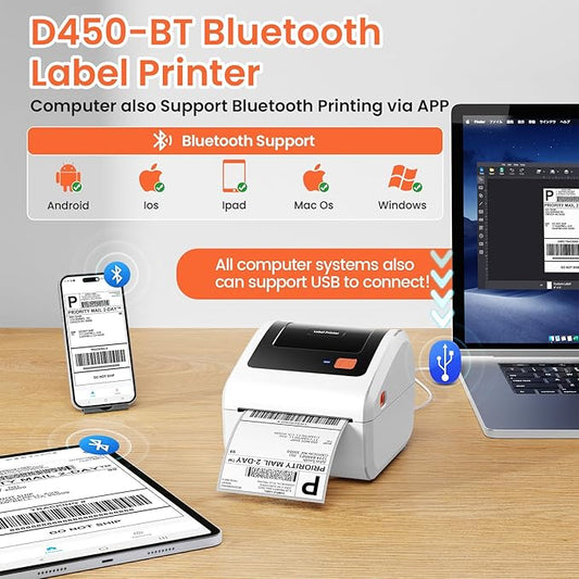 Bluetooth Thermal Shipping Label Printer - D450BT Thermal Label Printer 4x6 for Small Business & Shipping Packages, Compatible with iPhone, Android, iPad, Windows, macOS, Chrome, USPS, Amazon