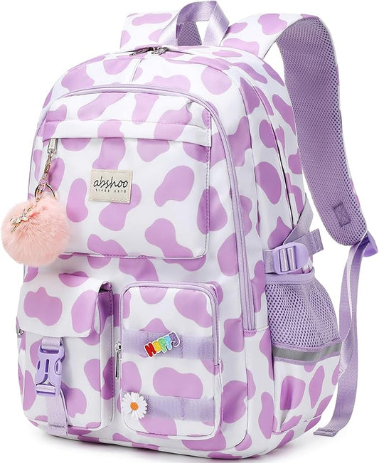 abshoo Big Student Laptop Backpack For College Women Middle High School Teen Girls Bookbag Travel Daypack (Cow Print Purple)