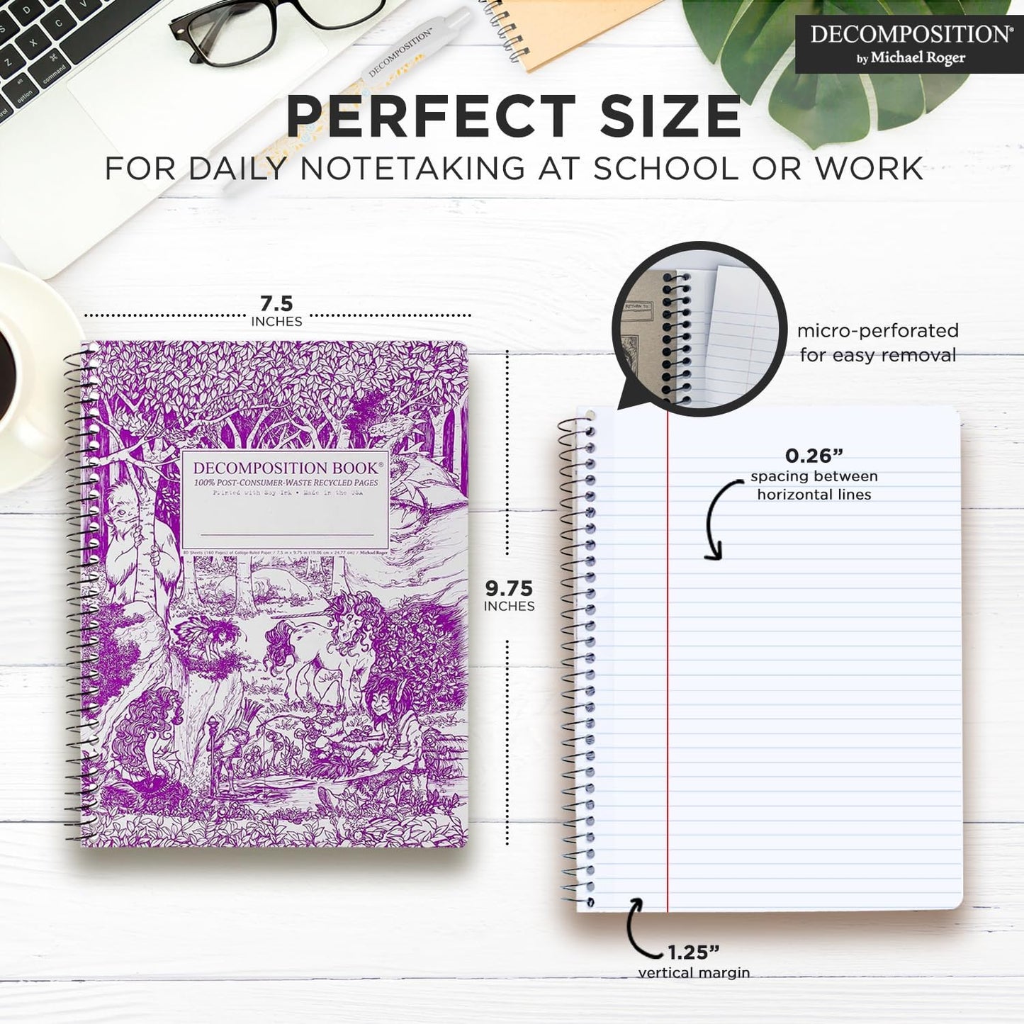 Decomposition Fairy Tale Forest College Ruled Spiral Notebook - 9.75 x 7.5 Journal with 160 Lined Pages - 100% Recycled Paper - Cute Notebooks for School Supplies, Home & Office - Made in USA