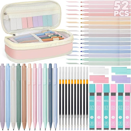 52 PCS Aesthetic School Supplies with Cute Pencil Case, Stationery Essentials with Pens Pencils and Pastel Highlighters Set, College Back to School Supplies for Teen Girls, Office Supplies - Pink
