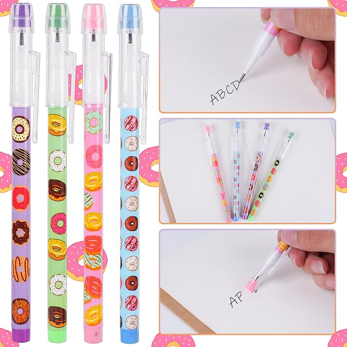 Kolewo4ever 48pcs HB Donuts Themed Translucent Pencil Fun Multipoint Pencil Multicolor Non Sharpening Stackable Pencils Pop Up Plastic Pencils for Classroom Rewards Carnival Prizes