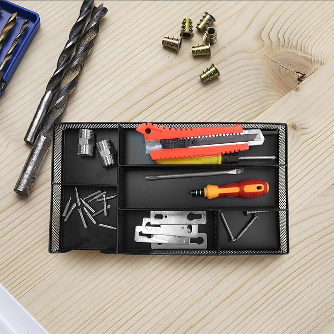 Small Metal Mesh Desk Drawer Organizer Tray for Paper, Office, Bathroom, Kitchen, Makeup & Vanity - Versatile Drawer Organizer