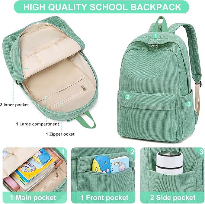 School Backpack for Teens Large Corduroy Bookbag Lightweight 15.6 inch Laptop Bag for Girls Women Casual High School College