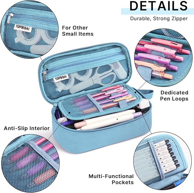 Large Pencil Case Pouch for Girls Boy Kids Children, Big Capacity Canvas Pencil Bag, Office College School Multi Compartment Zipper Stationery Pen Bag (Light Blue)