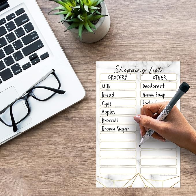 Dry Erase Shopping List Vinyl Sticker Decal Whiteboard by Glassboard Studio | Removable & Reusable | Magnetic Fine-Tip Marker Included (6 x 9 inches, Marble)