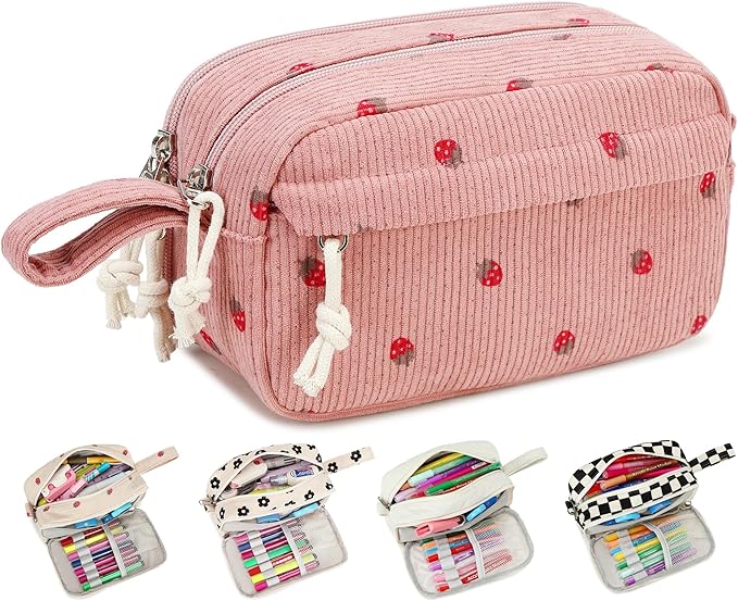 Bluboon Large Capacity Pencil Case Pen Pouch for School Supplies, Teens, Girls, Boys, Women & Men, Durable Multi-Purpose Organizer (Strawberry Pink2)