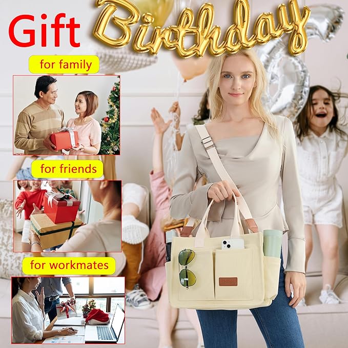 Tote Bag for Women With Compartments,Large Canvas Tote Women's Purse Crossbody Bags Work Laptop Book Bag Satchels Handbags