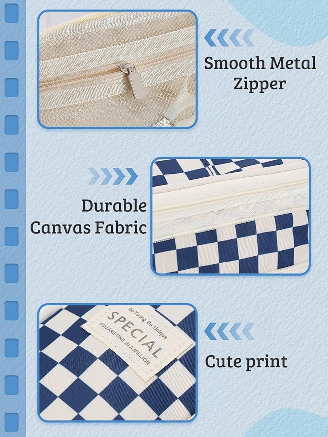 Large Capacity Pencil Case for Teens Girls - Cute Checkerboard Pencil Pouch with Zipper, Stationery Bag Box for Student Back to School Gifts, Blue