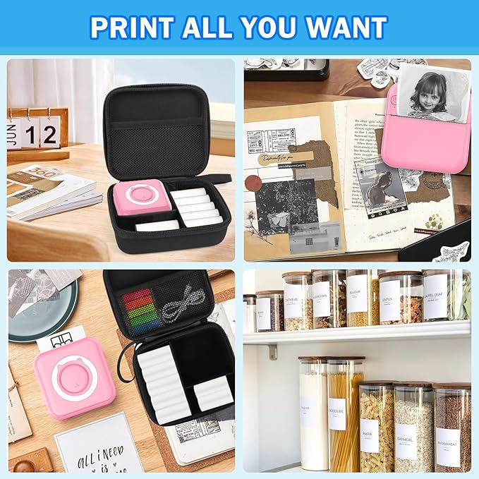 Pink Mini Pocket Printer with Black Case, Mini Thermal Printer with 10 Rolls Thermal Paper, Portable Photo Printers for Travelling, Journal, Memo, Photo, Study Notes, Shopping Lists