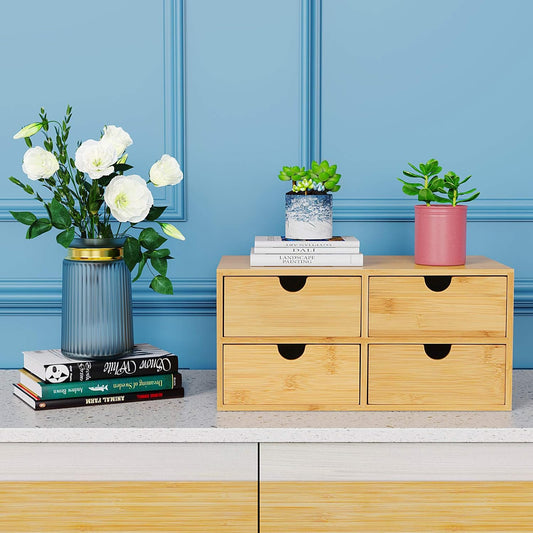 Wisuce Bamboo Desk Organizer - Mini Desktop Drawer Tabletop Storage Organization Box for Office Home Toiletries Supplies, No Assembly Required (4 Drawer)