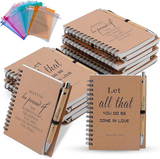 Christian/Encouragement Notebook and Pen Set with Bible Verses,12 Pack Spiral Notebook with Bible Verse Pens and Gift Bags, Prayer Journal, Church Notes,Bible Study Supplies for Church Members