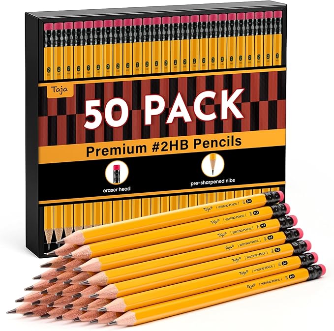 Taja 50 Pack #2 HB Wood-Cased Pencils, Pre-Sharpened with Top Erasers, Bulk Yellow Pencils for School & Classroom