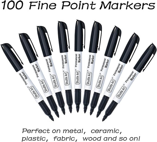 Shuttle Art 100 Pack Black Permanent Markers, Fine Point Permanent Marker Pens Set Perfect on Plastic, Wood, Stone, Metal and Glass for Doodling, Writing, Marking, Office School Supplies