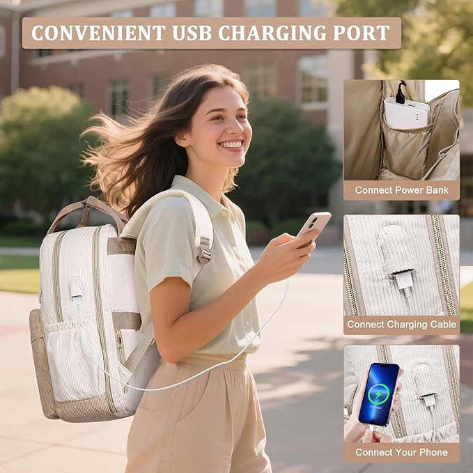 School Backpack for Girls Laptop Bookbag: Casual Corduroy Women Backpacks with USB Charging Port TSA Friendly Travel Back Pack with Anti-Theft Pocket Cute College Daypack for Teen Students Khaki Beige