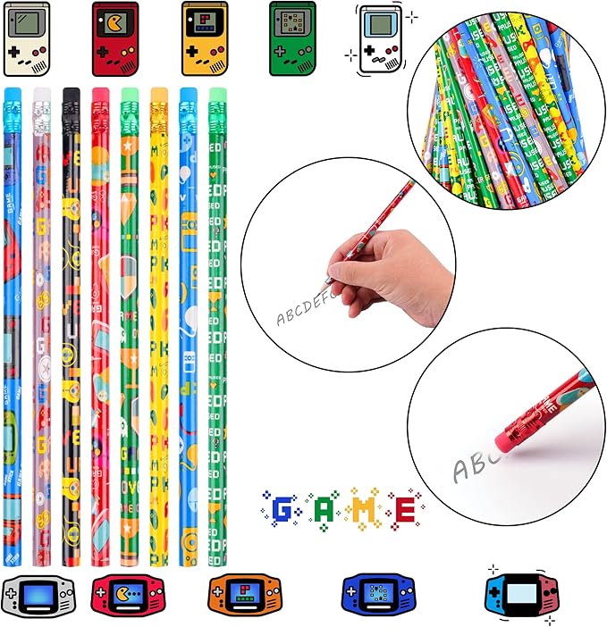 Kolewo4ever 100 Pieces Video Game Themed Pencils Assortment Cylinder Wood Pencils with Various Game Pattern Icons for Party Favors Birthday Party Supplies