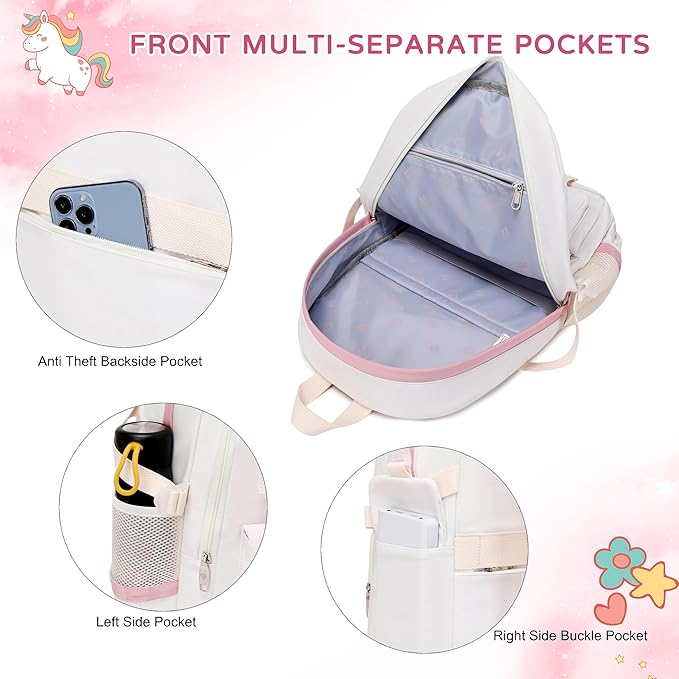 Girls Backpack,15.6 Inch Laptop School Bag Large Primary Elementary Middle College Bookbags Kids Backpacks for Teens Girls Women Students Anti Theft Travel Daypack (Off white)