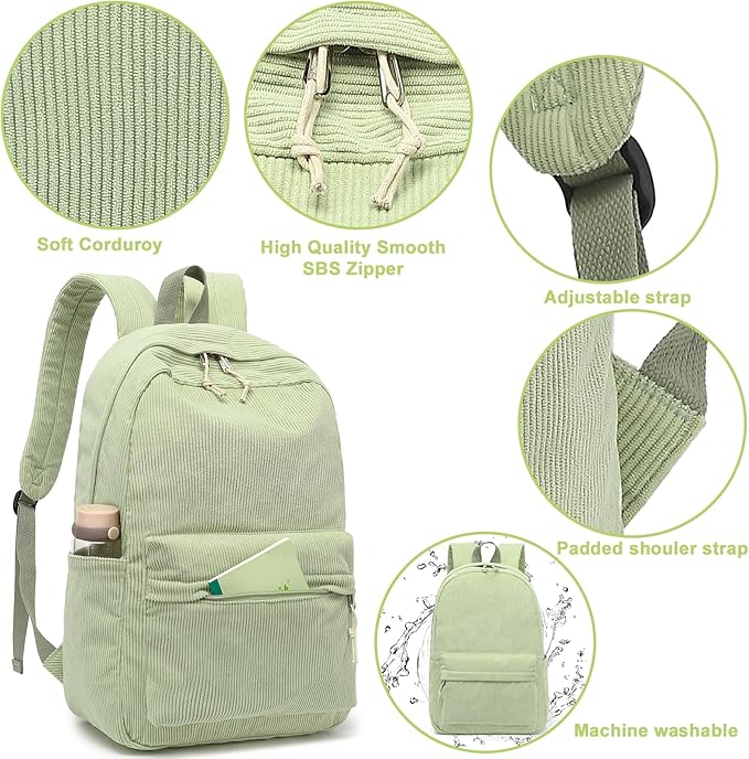 School Backpack for Teens Large Corduroy Bookbag Lightweight 15.6 inch Laptop Bag for Girls Women Casual High School College