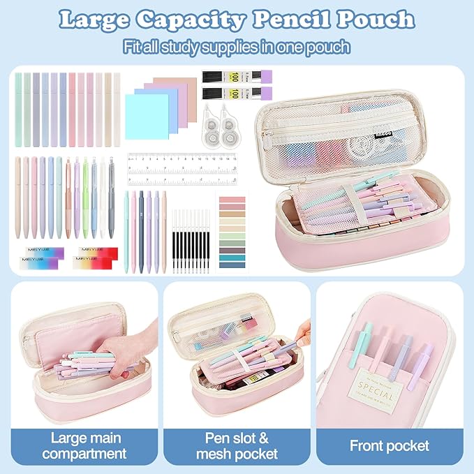 MoKo 56 PCS Aesthetic School Supplies with Pencil Pouch, Cute Stationery Set for Students Office, 12 Gel Pens, 12 Pastel Highlighters, 6 Mechanical Pencils 0.5 & 0.7mm, Sticky Note Index Tab (Pink)