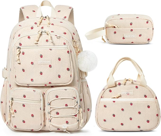 Fimibuke School Backpack for Girls Boys - 3PCS Corduroy Kids Backpack Set with Lunch Box & Pencil Pouch, Lightweight Teen Girls School Bag Laptop Bag Travel Daypack for Elementary Middle High School