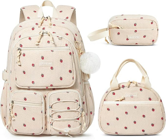 Fimibuke School Backpack for Girls Boys - 3PCS Corduroy Kids Backpack Set with Lunch Box & Pencil Pouch, Lightweight Teen Girls School Bag Laptop Bag Travel Daypack for Elementary Middle High School
