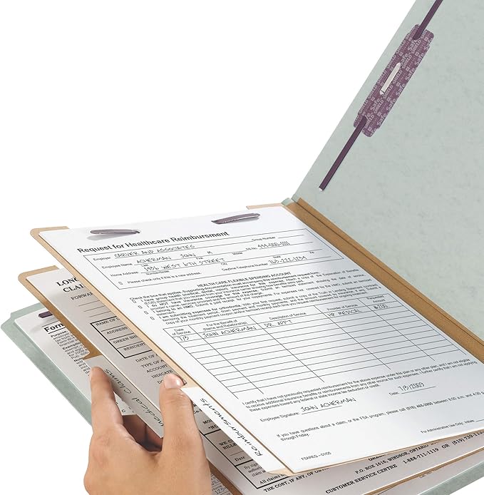 Smead 100% Recycled End Tab Pressboard Classification File Folder with SafeSHIELD Fasteners, 2 Dividers, 2" Expansion, Legal Size, Gray/Green, 10 per Box (29810)