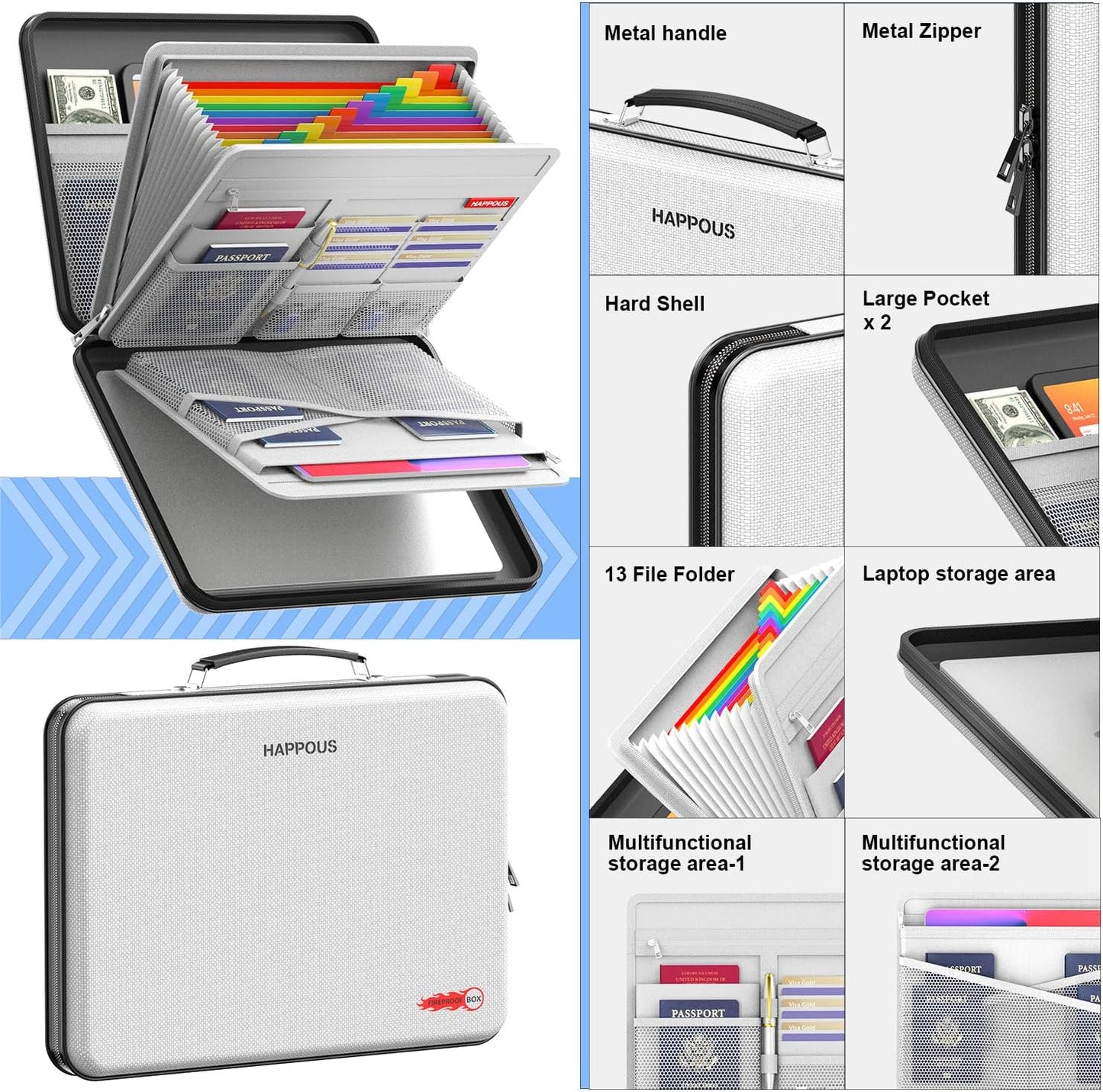 Fireproof Document Organizer, Expanding File Organizer with 13 Pockets, Portable Fireproof Document Box Hard-Shell Document Organizer Storage for Documents Laptop Passports Cards Gray