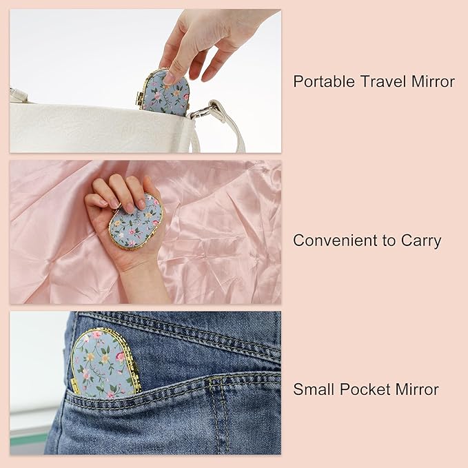 VOCOSTE Compact Flower Pocket Mirror - Oval Mini, Vintage Folding Travel Portable Pocket Mirror for Women, Blue