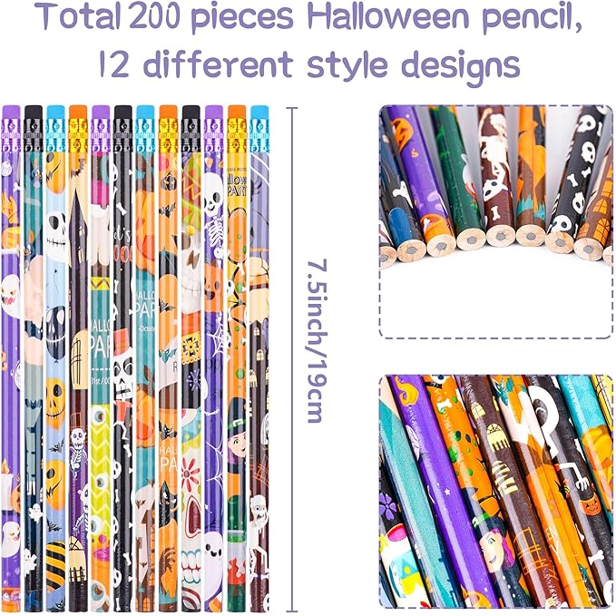 Kolewo4ever 200 Pieces Halloween Pencils Ghost Pumpkin Wood Pencils with Eraser Tops,Assortment Halloween Stationery Pencil for Halloween Party Favors, 12 Styles (200)