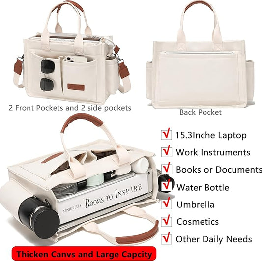 Tote Bag for Women With Compartments,Large Canvas Tote Women's Purse Crossbody Bags Work Laptop Book Bag Satchels Handbags