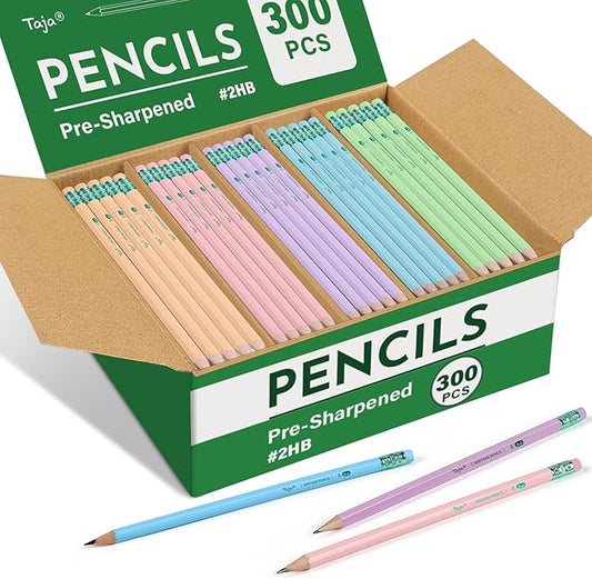 Taja 300 Pack #2 HB Wood-Cased Pencils, Pre-Sharpened with Top Erasers, Bulk Pastel Pencils for School & Classroom